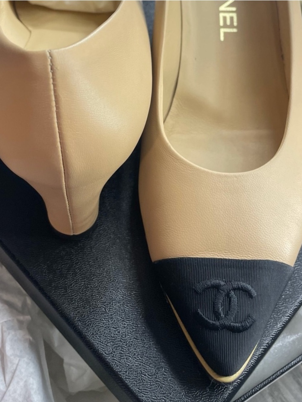 CHANEL Beige and Black Cap-Toe Pointed Pumps - Picture 3 of 10